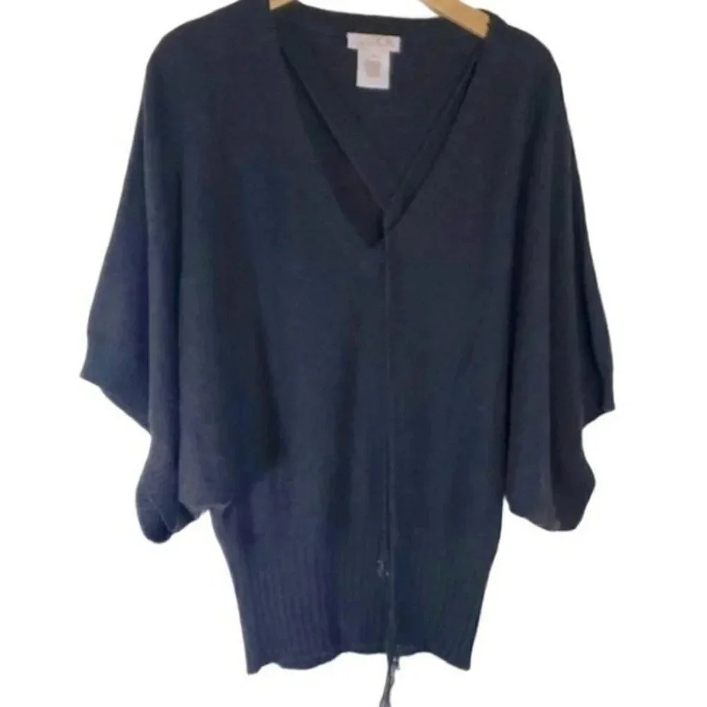 Y2K LaROK Cashmere Blend Sweater S Charcoal Gray Batwing V-Neck Tassel Tie Boho